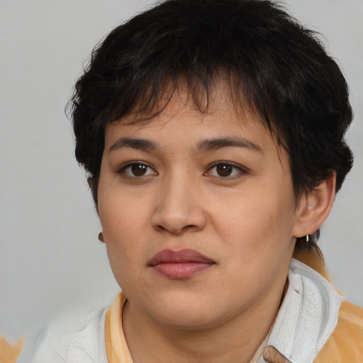 Joyful asian young-adult female with short  brown hair and brown eyes