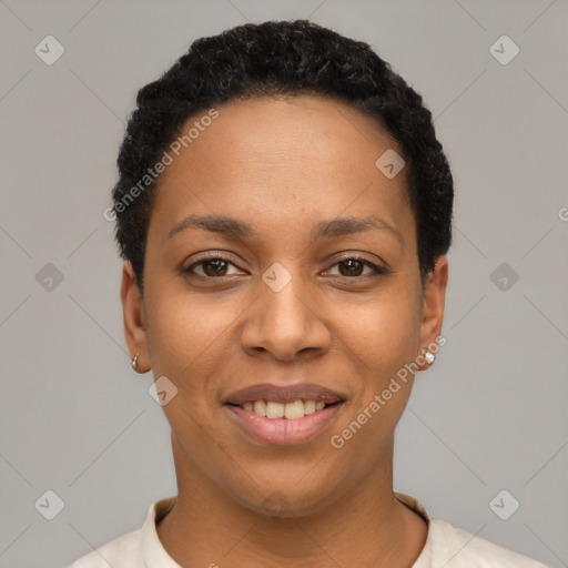 Joyful latino young-adult female with short  black hair and brown eyes