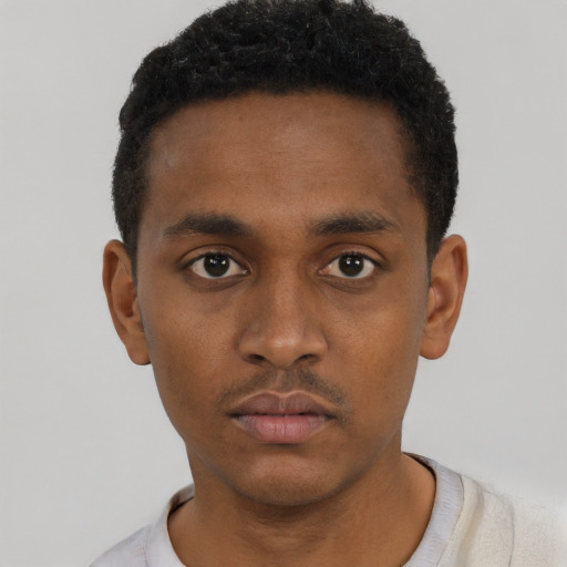 Neutral black young-adult male with short  black hair and brown eyes