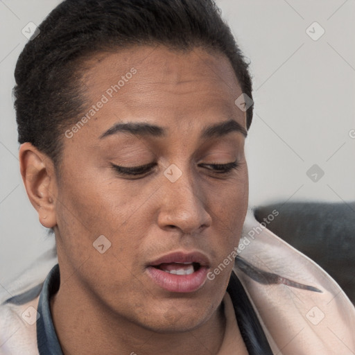 Joyful white adult female with short  brown hair and brown eyes
