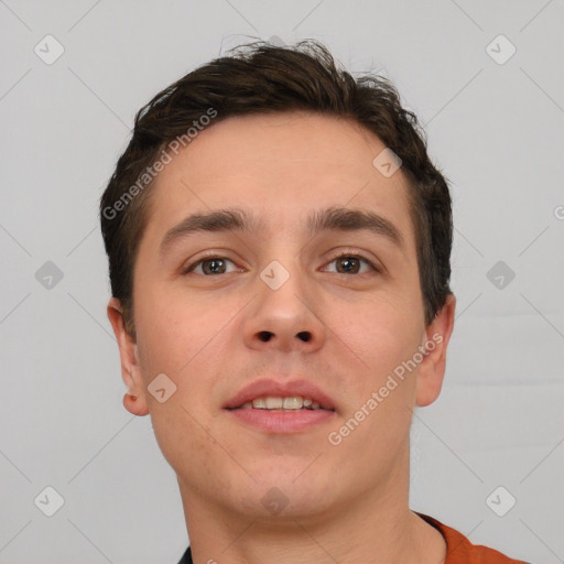 Neutral white young-adult male with short  brown hair and brown eyes