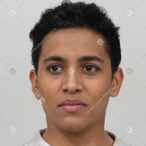 Neutral latino young-adult male with short  black hair and brown eyes