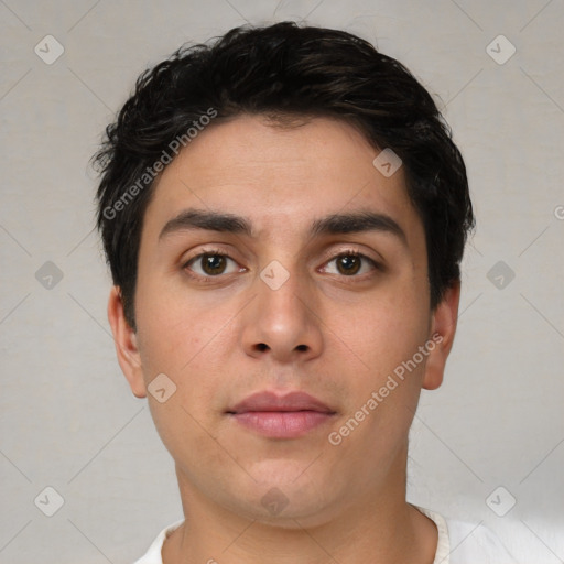 Neutral white young-adult male with short  brown hair and brown eyes