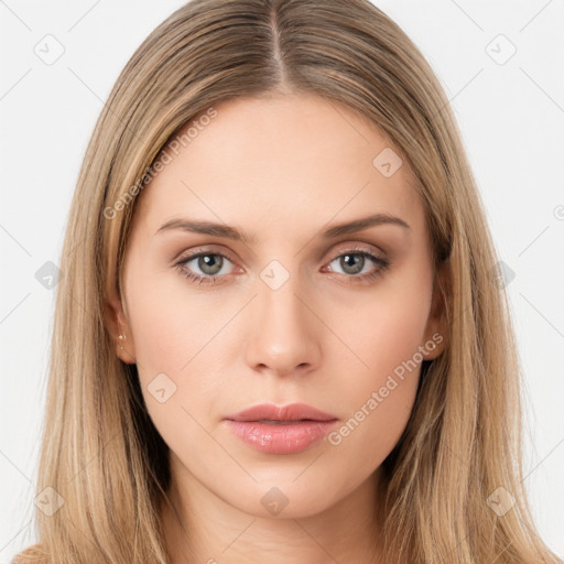 Neutral white young-adult female with long  brown hair and brown eyes