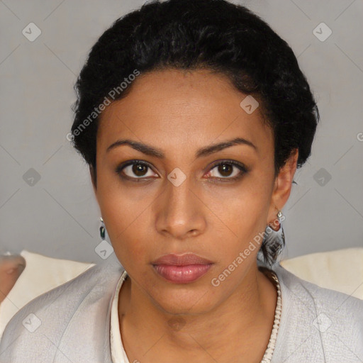 Neutral black young-adult female with short  black hair and brown eyes