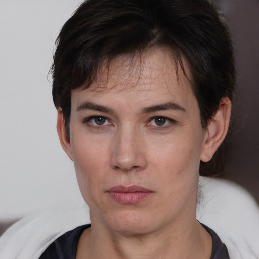 Neutral white young-adult female with short  brown hair and brown eyes