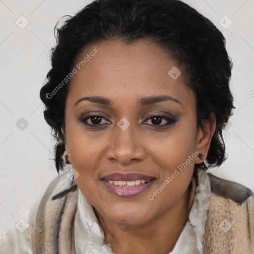 Joyful black adult female with short  brown hair and brown eyes