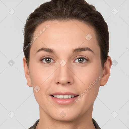 Joyful white young-adult female with short  brown hair and brown eyes