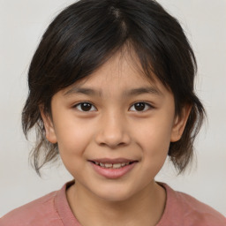 Joyful white child female with medium  brown hair and brown eyes