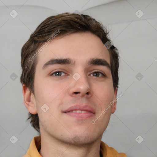 Neutral white young-adult male with short  brown hair and grey eyes