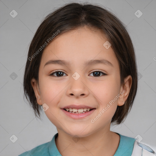 Joyful white child female with medium  brown hair and brown eyes