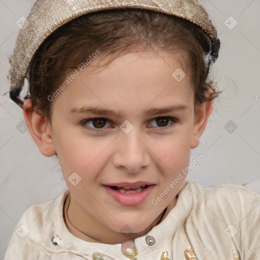 Joyful white child female with short  brown hair and brown eyes