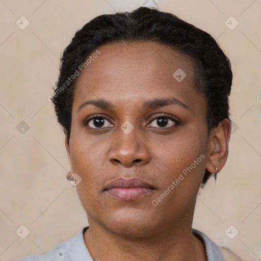 Neutral black young-adult female with short  black hair and brown eyes
