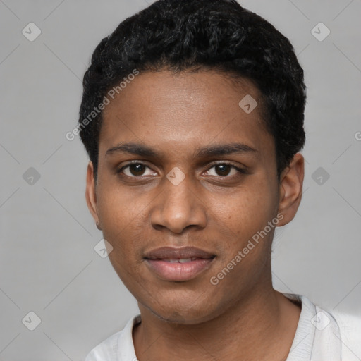 Joyful black young-adult male with short  black hair and brown eyes