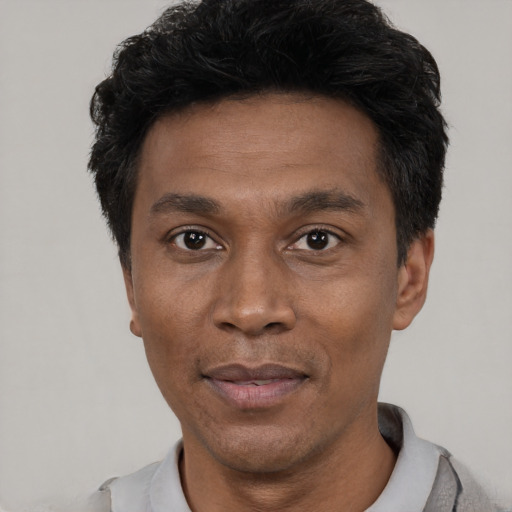 Neutral black adult male with short  black hair and brown eyes
