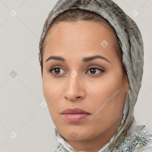 Neutral white young-adult female with short  brown hair and brown eyes