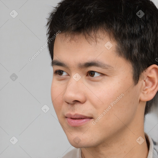 Neutral asian young-adult male with short  black hair and brown eyes