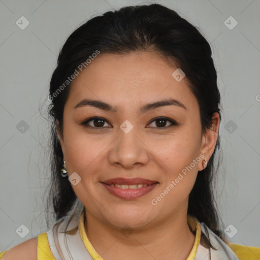 Joyful latino young-adult female with medium  brown hair and brown eyes