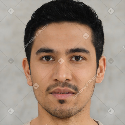 Neutral latino young-adult male with short  black hair and brown eyes