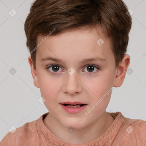 Joyful white child male with short  brown hair and brown eyes