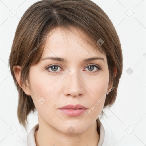 Neutral white young-adult female with medium  brown hair and grey eyes