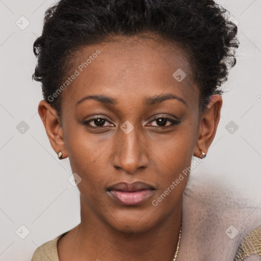 Neutral black young-adult female with short  brown hair and brown eyes