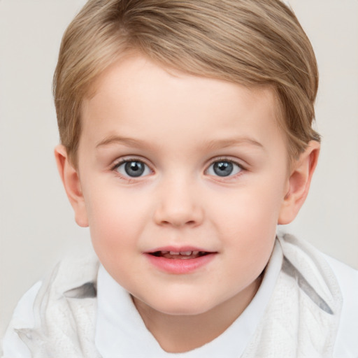 Joyful white child female with short  brown hair and grey eyes