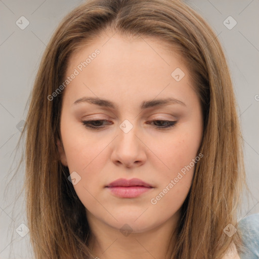 Neutral white young-adult female with long  brown hair and brown eyes