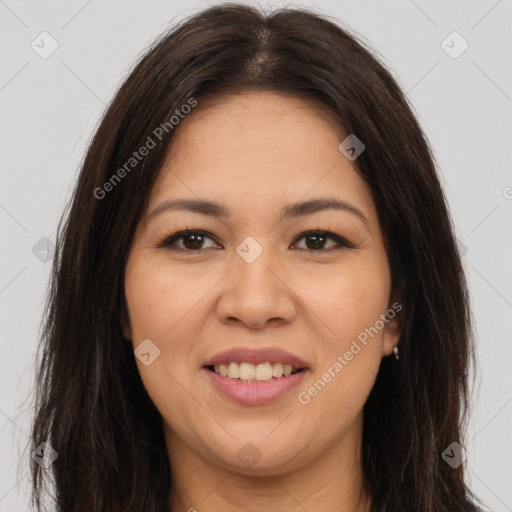 Joyful white young-adult female with long  brown hair and brown eyes