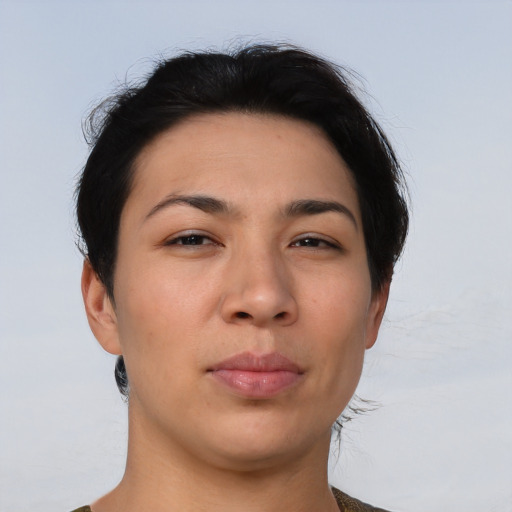 Neutral asian young-adult female with short  brown hair and brown eyes