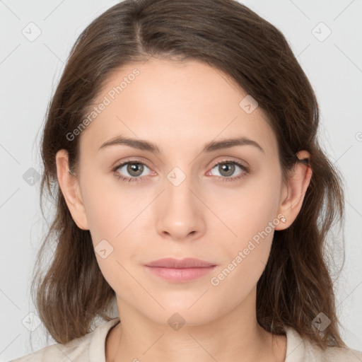 Neutral white young-adult female with medium  brown hair and brown eyes