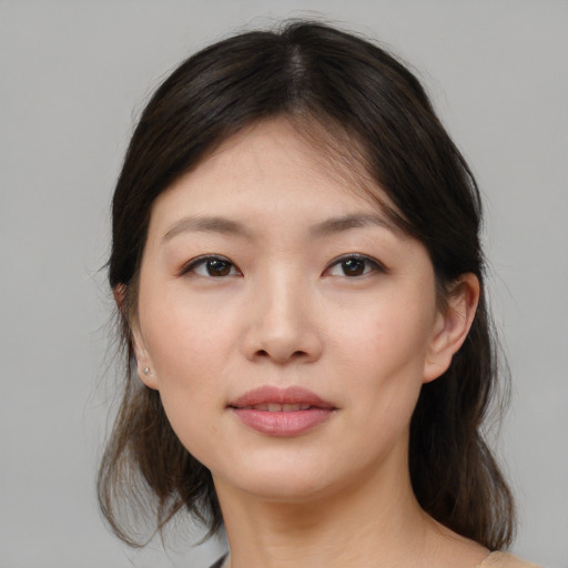 Neutral asian young-adult female with medium  brown hair and brown eyes