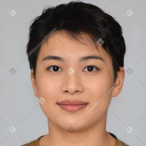 Joyful asian young-adult female with short  brown hair and brown eyes