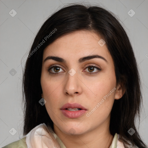 Neutral white young-adult female with medium  brown hair and brown eyes