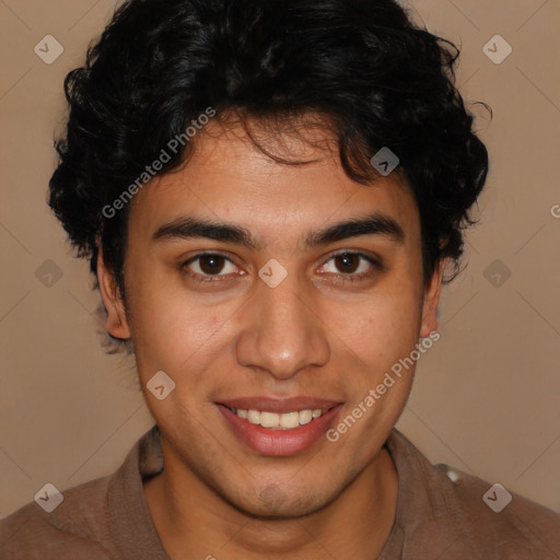 Joyful latino young-adult male with short  brown hair and brown eyes