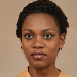 Joyful black young-adult female with short  black hair and brown eyes