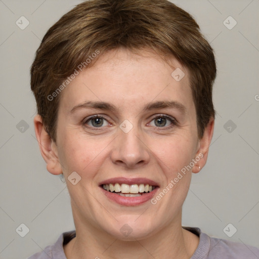 Joyful white young-adult female with short  brown hair and grey eyes