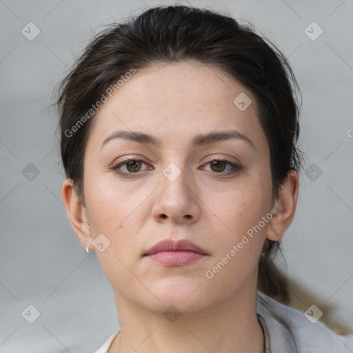 Neutral white young-adult female with short  brown hair and brown eyes