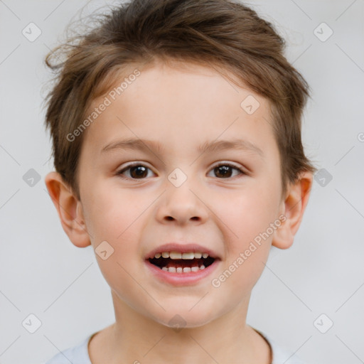 Joyful white child male with short  brown hair and brown eyes