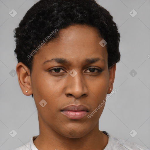 Neutral black young-adult female with short  black hair and brown eyes