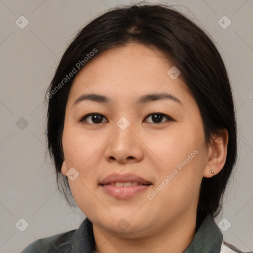 Joyful asian young-adult female with medium  brown hair and brown eyes