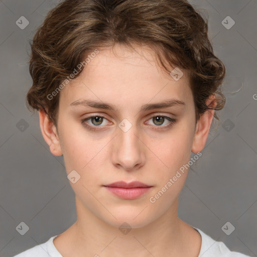 Neutral white young-adult female with medium  brown hair and brown eyes