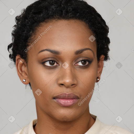 Neutral latino young-adult female with short  black hair and brown eyes