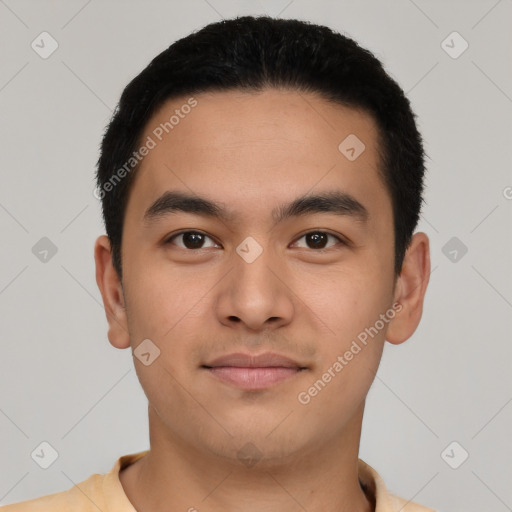 Neutral latino young-adult male with short  black hair and brown eyes