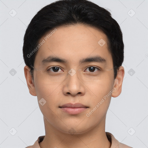 Neutral asian young-adult male with short  black hair and brown eyes