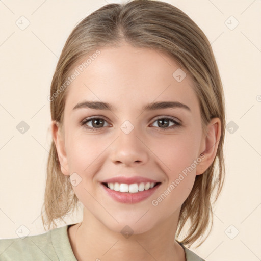 Joyful white young-adult female with medium  brown hair and brown eyes