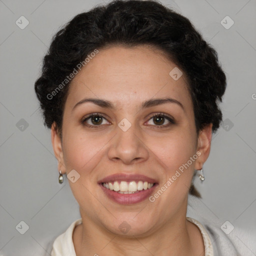 Joyful white adult female with short  brown hair and brown eyes