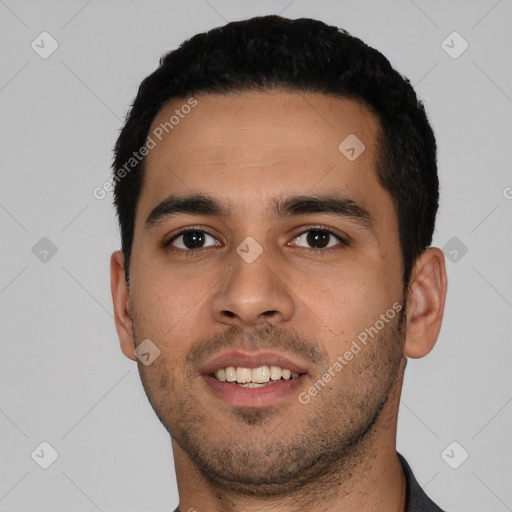 Neutral latino young-adult male with short  black hair and brown eyes