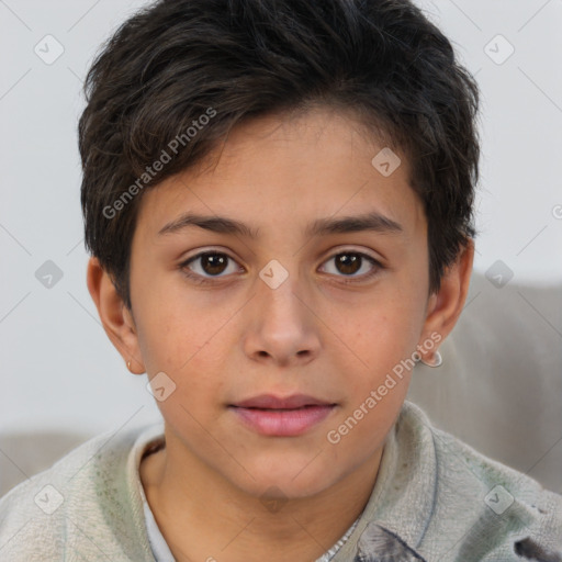 Joyful white child female with short  brown hair and brown eyes