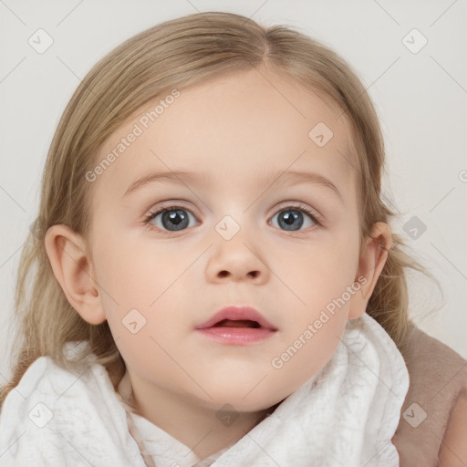 Neutral white child female with medium  brown hair and blue eyes